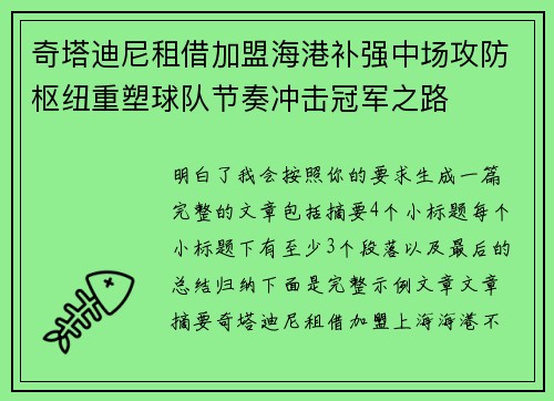 奇塔迪尼租借加盟海港补强中场攻防枢纽重塑球队节奏冲击冠军之路 奇塔迪尼租借加盟海港补强中场攻防枢纽重塑球队节奏冲击冠军之路